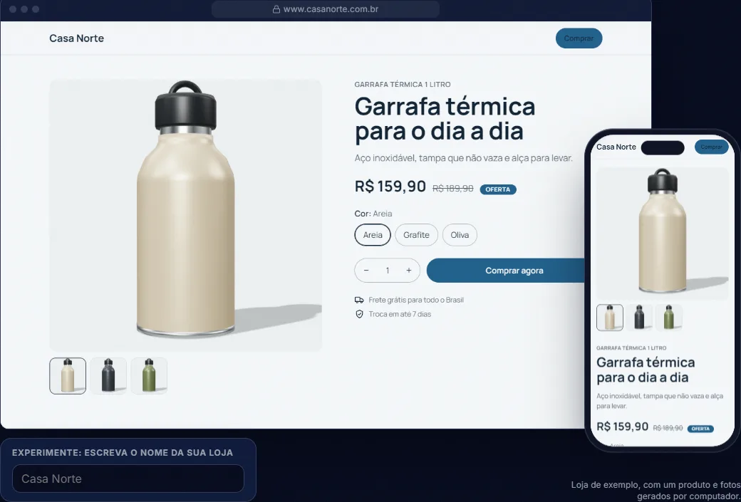 O construtor da Envio Postal mostrando a prévia de uma loja de exemplo no computador e no celular.